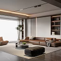 Modern Living Room Interior With Brown Leather Sofa Armchair Coffee Table Rug And Fireplace