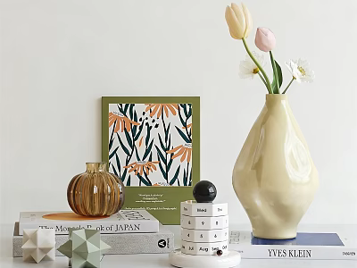 Modern Decorative Ornament Set With Yellow Vase Flowers Geometric Ornaments And Books 3d model