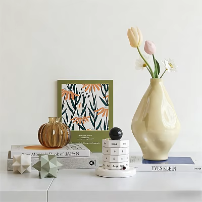 Modern Decorative Ornament Set With Yellow Vase Flowers Geometric Ornaments And Books 3d model