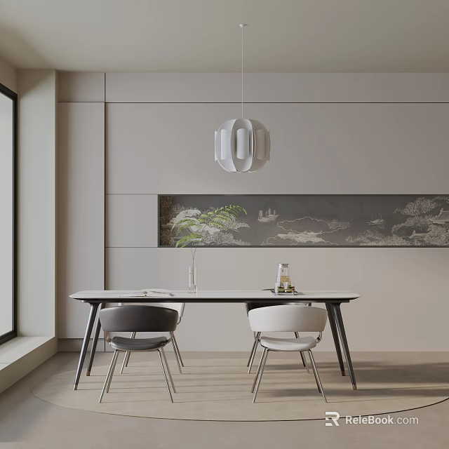 Elegant Modern Dining Table Set With Chairs Pendant Light And Decorative Artwork On Wooden Floor 3d model 