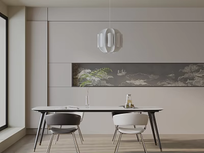 Elegant Modern Dining Table Set With Chairs Pendant Light And Decorative Artwork On Wooden Floor 3d model