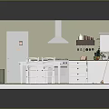 Cartoon Kitchen Scene with 3D Model Cabinets Refrigerator Dining Table Chairs and Wooden Floor