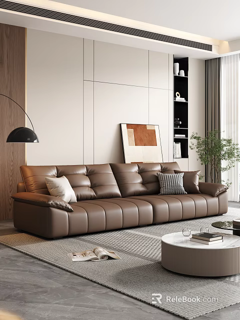 Brown Leather Double Sofa In Modern Living Room With Pillows Floor Lamp And Coffee Table 3d model 