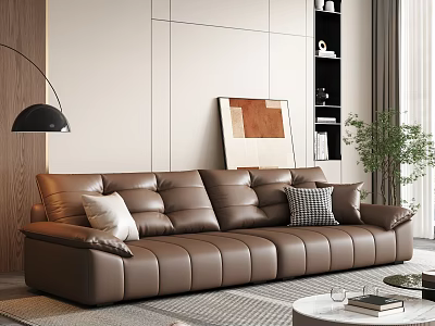 Brown Leather Double Sofa In Modern Living Room With Pillows Floor Lamp And Coffee Table 3d model