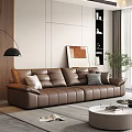 Brown Leather Double Sofa In Modern Living Room With Pillows Floor Lamp And Coffee Table