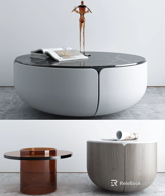 Modern Circular Coffee Table With Black Marble Top White Base And Open Book Decor 3d model