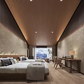 Hotel Guest Room With Twin Beds Wooden Headboards Concrete Textured Walls Fireplace And Recessed Lighting
