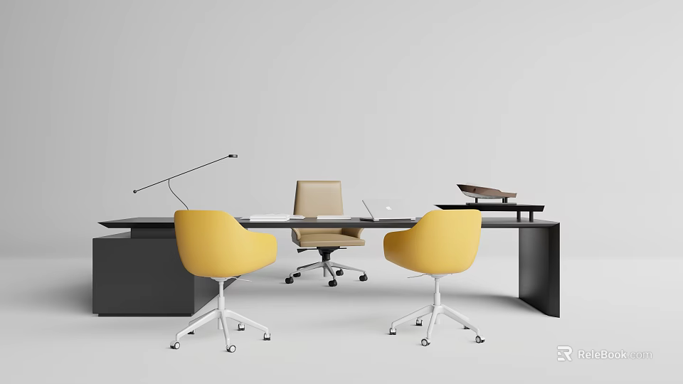 Modern Office Desk With Two Yellow One Beige Chairs And Desk Lamp Tray 3d model 