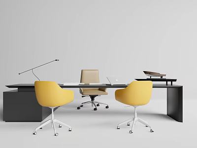 Modern Office Desk With Two Yellow One Beige Chairs And Desk Lamp Tray 3d model