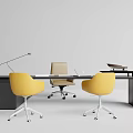 Modern Office Desk With Two Yellow One Beige Chairs And Desk Lamp Tray