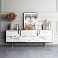 Modern Elegant TV Stand With White Cabinets Gold Frame Dried Flowers And Decorative Artworks