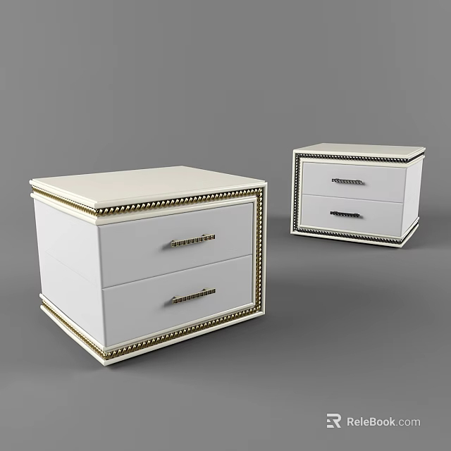 Two White Nightstands With Two Drawers Gold Handles And Gold Trim 3d model 