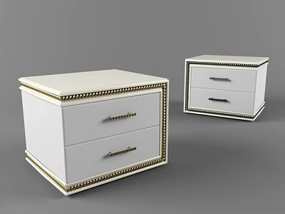 Two White Nightstands With Two Drawers Gold Handles And Gold Trim 3d model