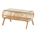 Natural Rattan Coffee Table With Glass Top And Wooden Legs Design
