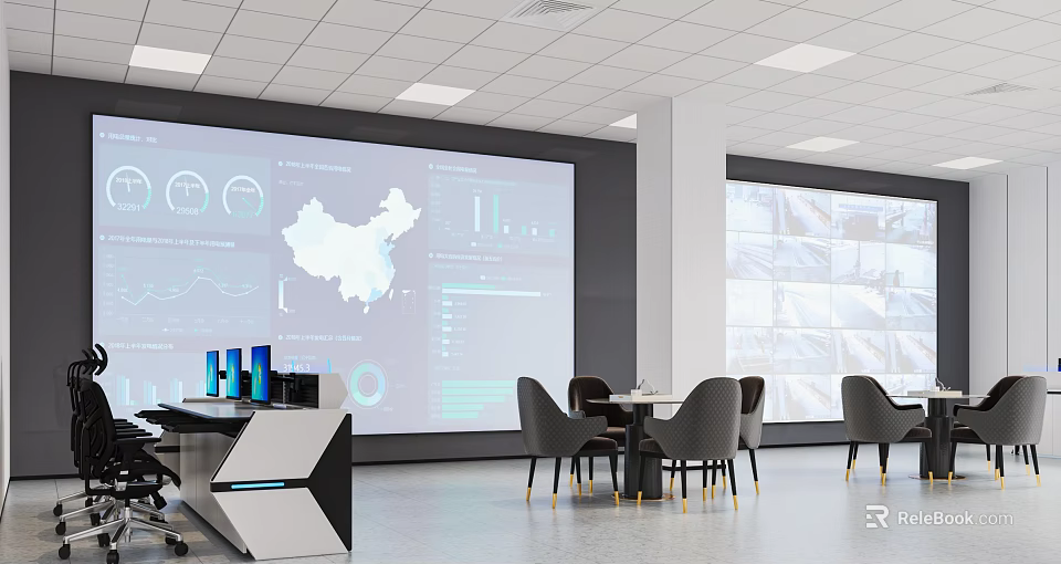 Monitoring Room With Large Screen Data Charts China Map Surveillance Screens And Work Tables 3d model 