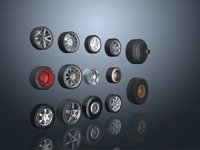 Various Car Tires With Stylish Alloy Rims Red Accents And Tread Designs 3d model