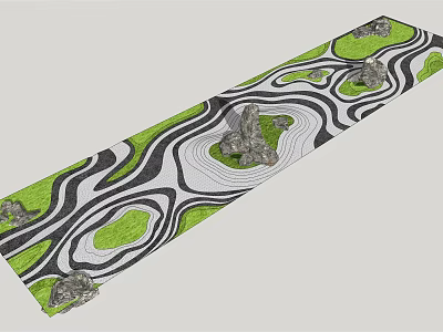 Courtyard Garden Design With Black And White Winding Pathways Green Lawn Patches And Decorative Stones 3d model