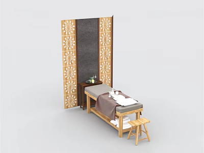 Wooden Massage Bed With Carved Screen Stool And Towel Setup In Spa 3d model