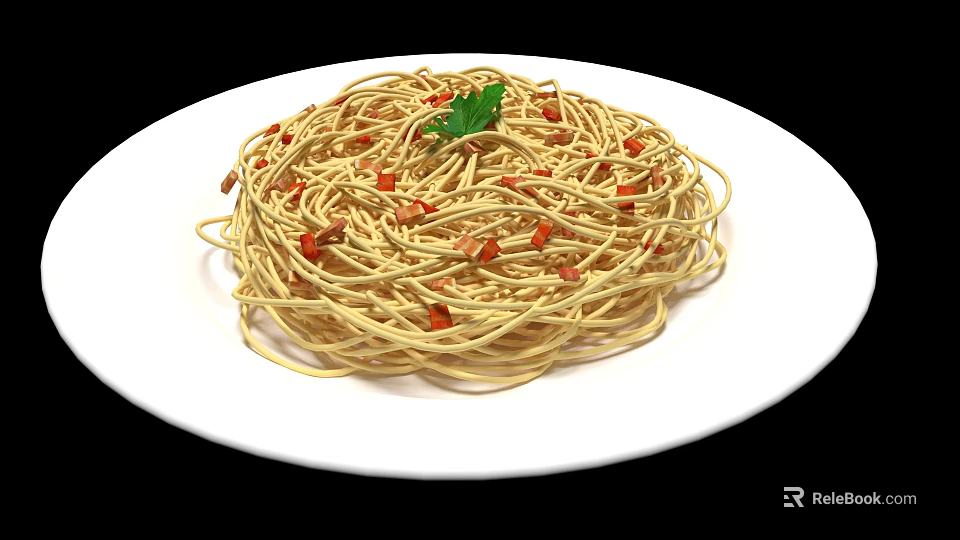 Delicious Spaghetti Pasta On White Plate With Red Tomato Pieces And Fresh Green Parsley 3d model 