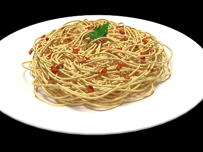 Delicious Spaghetti Pasta On White Plate With Red Tomato Pieces And Fresh Green Parsley 3d model