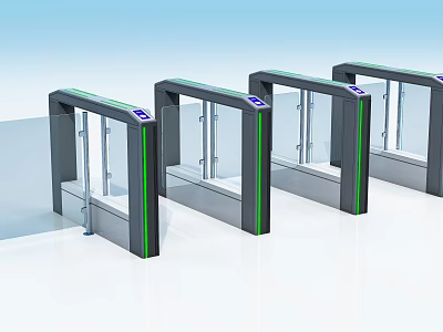 Public Facility Automatic Access Gates With Metal Frames Glass Doors Green Borders And Digital Displays 3d model