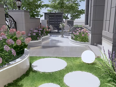 Beautiful Courtyard Garden With Colorful Flowers Round Stone Path Lush Greenery And Outdoor Seating 3d model