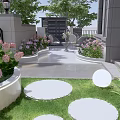 Beautiful Courtyard Garden With Colorful Flowers Round Stone Path Lush Greenery And Outdoor Seating
