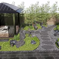 Serene Courtyard Garden With Black Pavilion Green Plants Stone Path Rocks And Lanterns