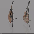 Two Guitars On Stands Acoustic And Electric With Red White Stripes Circular Pattern Light Background