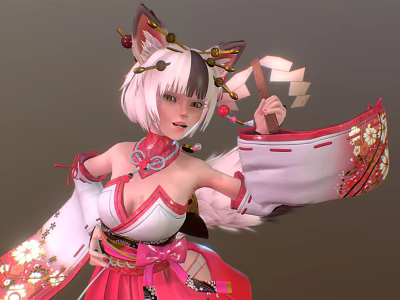 Anime Girl With Fox Ears Tail In Traditional Kimono Cherry Blossom Waving Sleeve 3d model