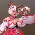 Anime Girl With Fox Ears Tail In Traditional Kimono Cherry Blossom Waving Sleeve