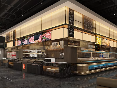 Modern Restaurant Interior With Open Display Counters Menu Boards And Warm Lighting 3d model