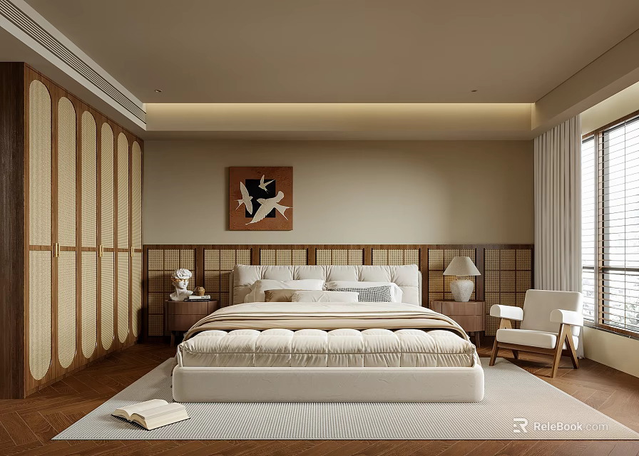 Cozy Modern Bedroom With White Bed Rattan Elements Decorative Painting Wooden Floor And Chair 3d model 