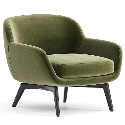 Modern Olive Green Velvet Single Seater Sofa With Rounded Armrests And Black Wooden Legs 3d model