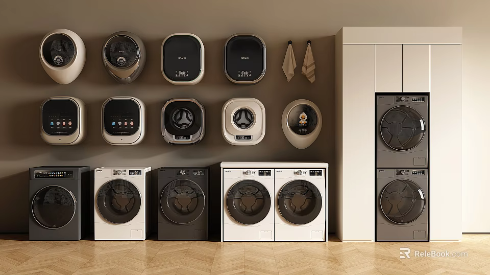 Modern Washing Machines in Laundry Room Featuring Wall Mounted and Floor Models 3d model 