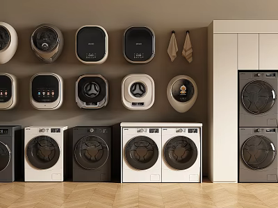 Modern Washing Machines in Laundry Room Featuring Wall Mounted and Floor Models 3d model