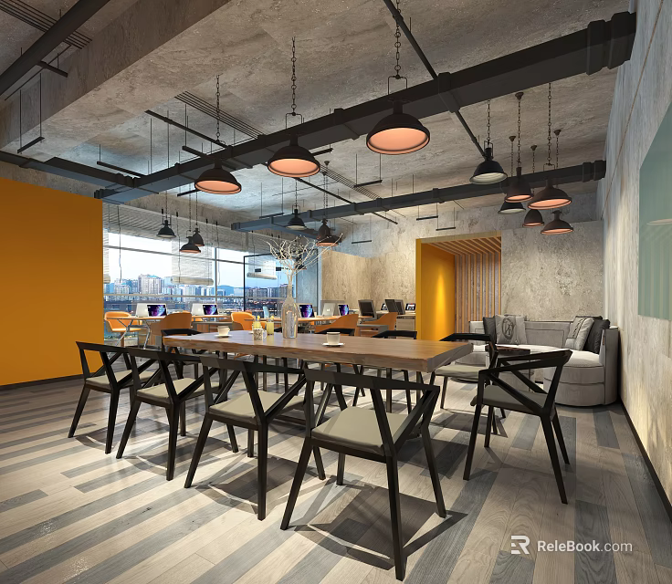 Modern Public Office Space With Yellow Walls Gray Ceiling And Hanging Pendant Lights 3d model 