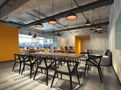 Modern Public Office Space With Yellow Walls Gray Ceiling And Hanging Pendant Lights 3d model