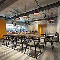 Modern Public Office Space With Yellow Walls Gray Ceiling And Hanging Pendant Lights