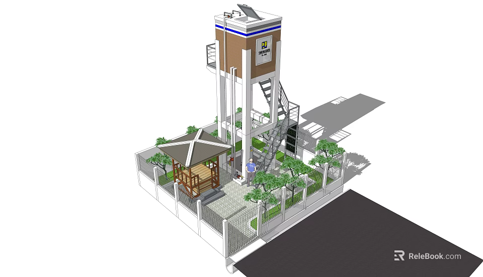 Industrial Equipment Tower Structure With Staircase Shelter Green Plants And Fence 3d model 
