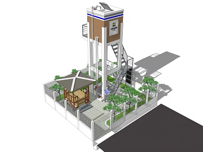 Industrial Equipment Tower Structure With Staircase Shelter Green Plants And Fence 3d model