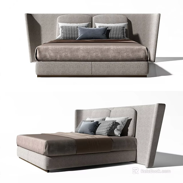 Modern Upholstered Double Bed With High Wingback Headboard And Decorative Pillows 3d model