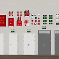 Comprehensive Fire Equipment Display With Red Extinguishers Cabinets And Emergency Lights 3d model