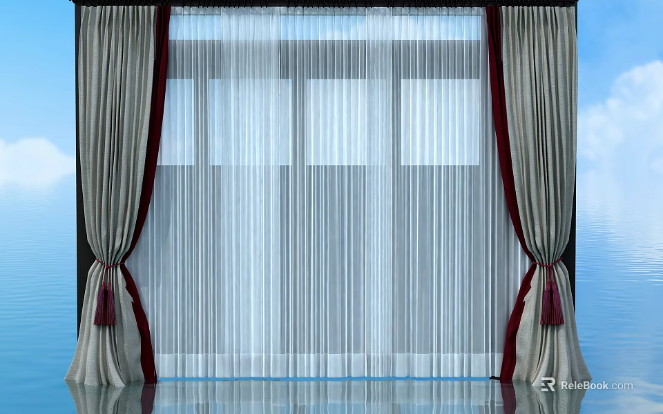 Beige Curtains with Red Tassels and Sheer White Panels for Window with Blue Sky Background 3d model 