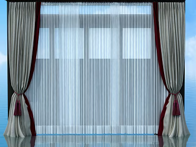 Beige Curtains with Red Tassels and Sheer White Panels for Window with Blue Sky Background 3d model