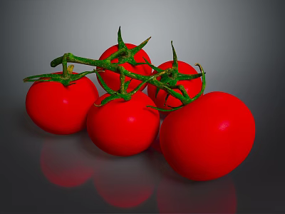 Cluster Of Ripe Red Tomatoes With Fresh Green Stems On Shiny Surface 3d model