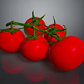 Cluster Of Ripe Red Tomatoes With Fresh Green Stems On Shiny Surface