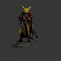 Armored Warrior With Yellow Creature Ears Holding Weapon On Stone Base