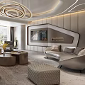 Luxury Modern Living Room Interior With Curved Sofa Wooden Coffee Tables And Large Glass Windows