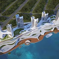 Aerial View Urban Planning with Modern Skyscrapers Coastal Layout Roads and Green Spaces